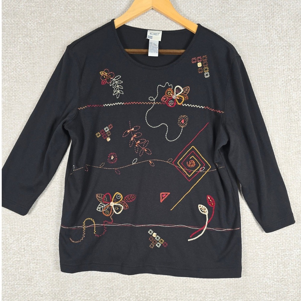 Koret Womens Black Embroidered Art to Wear 3/4 Sleeve Top Size Large